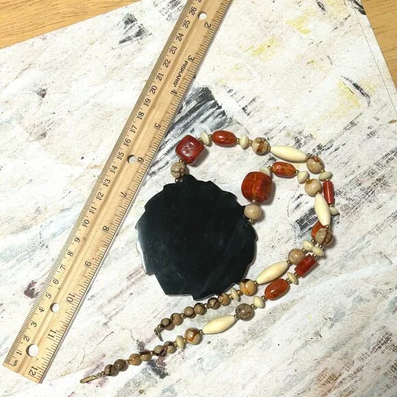 Lee Sands Designer Vintage Lion Face Stone Bead Statement Huge Necklace Retro - Picture 9 of 9